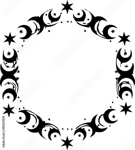 A minimalist vector graphic of a moon phase wreath with stars on a transparent background