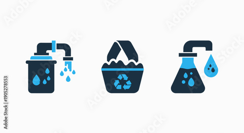 Flat icons representing vital environmental practices: water filtration, waste recycling, and comprehensive water quality testing.