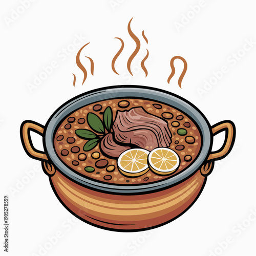 Steaming hot bowl of soup with meat and lemon slices, garnished with herbs, served in a copper pot from a high angle view