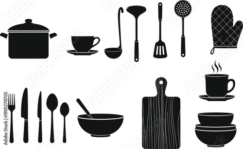 Black kitchen cookware and utensil silhouettes including pot, cup, ladle, spatula, cutting board and bowls isolated on white background