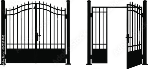Black metal gate silhouettes set showing closed and open wrought iron entrance designs isolated on white background for security, architecture, and graphic design use