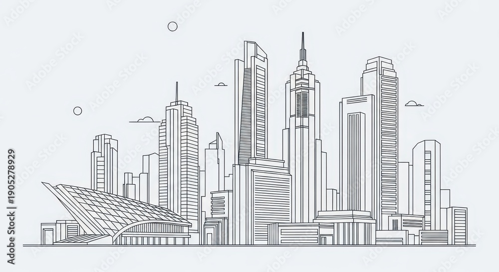 Fototapeta premium Modern City Skyline Drawing with Futuristic Architecture and Tall Buildings