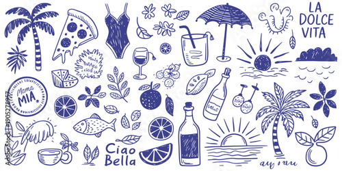 Italian or Greek Style Vacation Hand Drawn Vector Illustration Set, Grunge Chalk and Charcoal Rough Doodle Sketch Elements in Simple Ink Style for Summer Posters, Placards, and Print Design