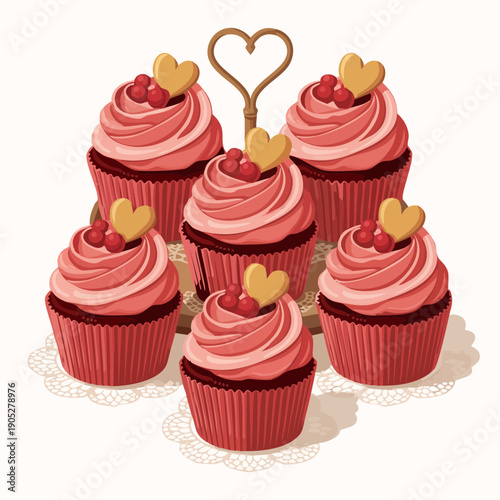 Delicious cupcakes with red frosting and heart decorations on a decorative stand viewed from above