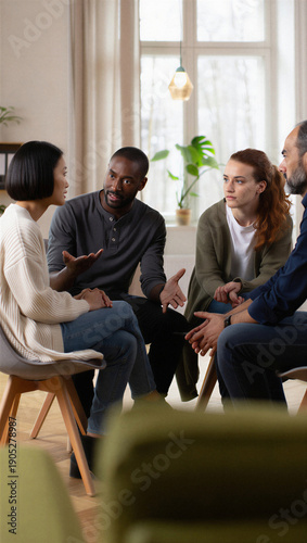 Diverse adults share stories during group therapy session. Concept of mental health support, peer counseling, authentic connection, communication skills, face to face discussion.
