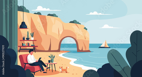 Person working remotely on a laptop by the beach with a dog