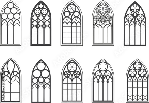 Gothic cathedral window outline collection featuring pointed arches and tracery designs in detailed architectural line art vector illustration isolated