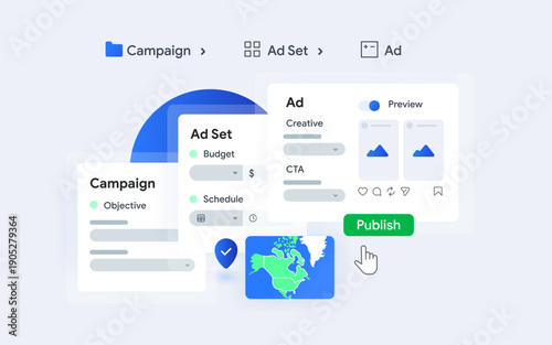Campaign Structure Ui overview for digital Advertising. Hierarchy of Campaign Ad Set and Ad Levels. Marketing workflow explained with clean interface design. Vector illustration