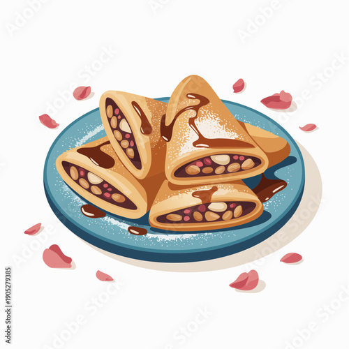 Delicious crepes filled with fruit and chocolate sauce on a blue plate surrounded by rose petals from a top-down viewpoint