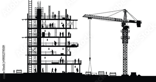 High-rise building construction silhouette with tower crane and workers illustrating urban development, engineering collaboration, and modern industrial architecture in black and white