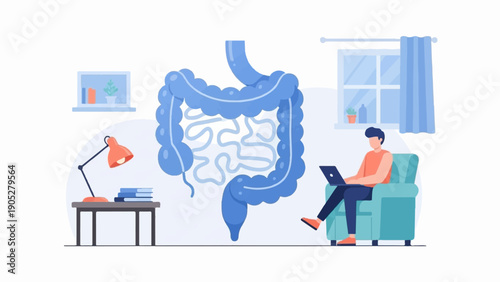 Person works on laptop next to large intestine illustration in room