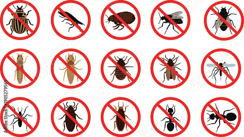 Large collection of no insect prohibition icons featuring various pests, illustrating pest control, hygiene protection, biosecurity safety, and insect prevention warning symbols
