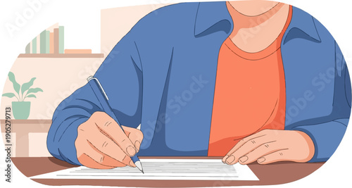 Person writing on paper with pen, wearing blue shirt over orange shirt