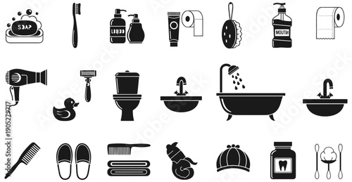 Bathroom essentials icons set, hygiene and grooming line art collection featuring soap, toothbrush, toothpaste, toilet, sink, and bathtub