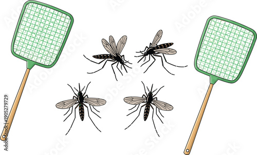 Mosquito swatter and flying mosquito illustration representing pest control tools, insect prevention, hygiene protection, and household safety concept on a clean white background