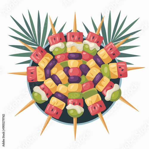 Colorful food skewers arranged on a plate with fresh fruits and leaves, viewed from directly above in a vibrant setting