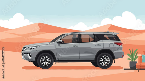 Pixelated grey SUV parked on sand dunes with a couch and plant in foreground