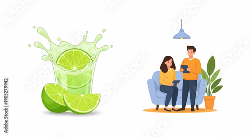 Refreshing lime drink splash with a couple relaxing indoors