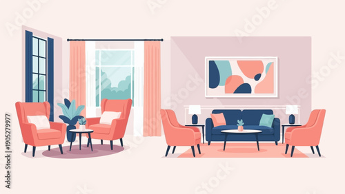 Pixelated living room scene with coral chairs and blue sofa