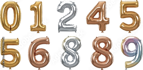 Foil Number Balloons Set, Zero Through Nine, on a White Background