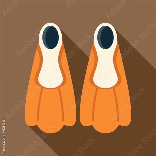 Orange flippers with long shadow for water sports, snorkeling, and scuba diving
