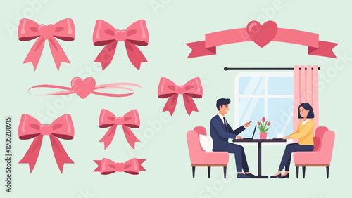 Pink bows and a couple working at a table in a room