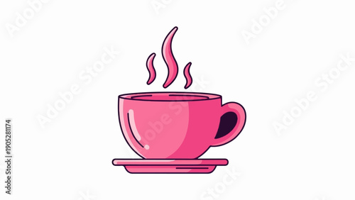 Pink cup with steam rising from hot beverage on a saucer