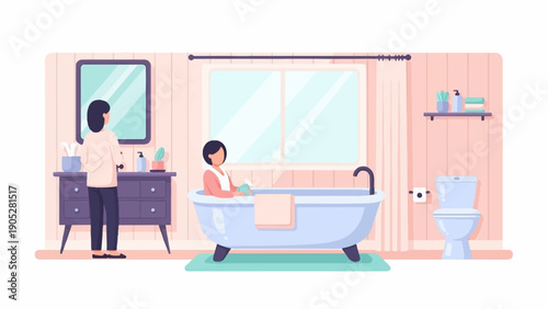 Relaxing bath with a person at sink in a cozy bathroom