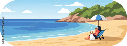 Relaxing beach scene with a person, dog, umbrella, and rolling hills