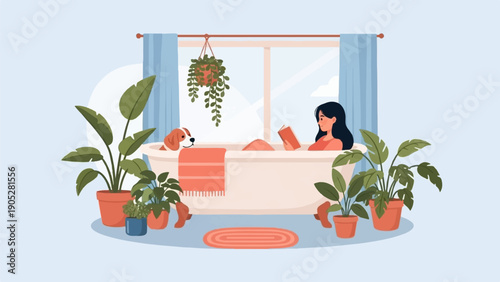 Relaxing bath with a dog and houseplants