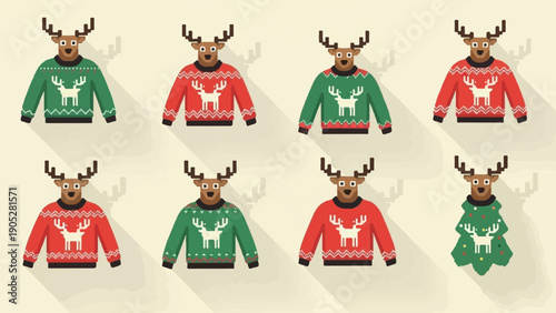 Pixelated reindeer sweaters and a Christmas tree design