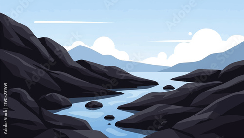 Pixelated river winding through dark rocky terrain toward distant mountains