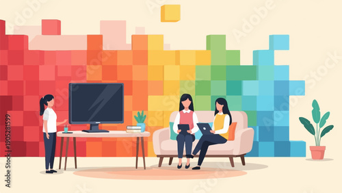 Pixelated scene of people working and relaxing in a colorful room