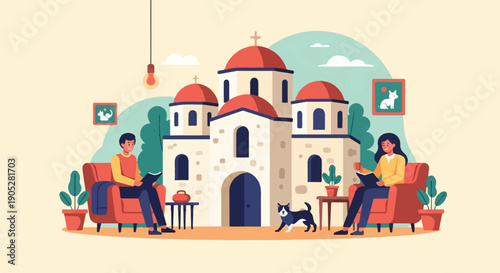 Relaxing day with books and a church in the background