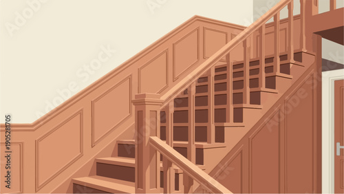 Pixelated wooden staircase with ornate paneling and a door