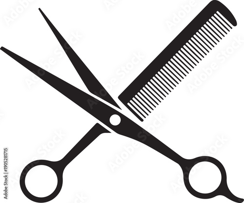 A black silhouette icon features sharp hairstylist scissors crossed with a fine tooth comb on a clean white background