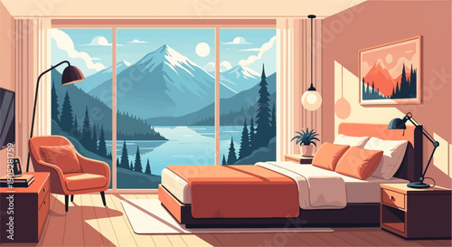 Pixel art bedroom with large window overlooking a serene mountain lake