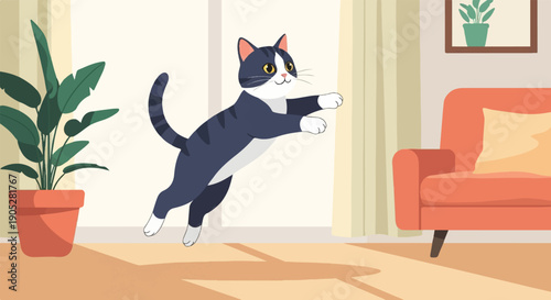 Playful cartoon cat mid-leap inside a cozy room with furniture