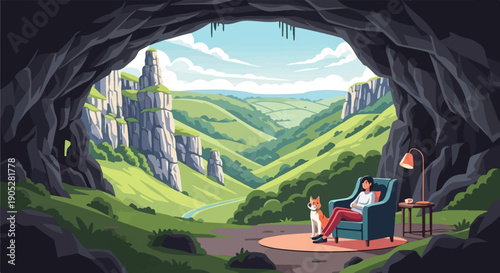 Relaxing in a cave with a dog, overlooking a scenic valley