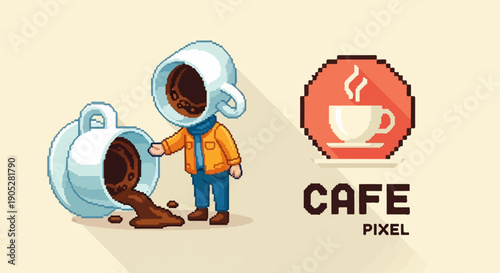 Pixel art character with coffee head spills drink next to cafe logo