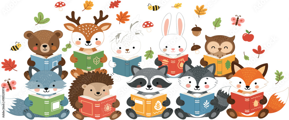 Fototapeta premium Cute Autumn Forest Animals Reading Books Illustration with Fall Leaves, Woodland Characters, and Cozy Educational Storytelling Concept
