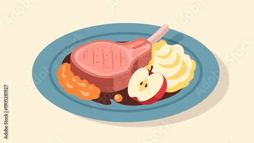 Pork chop with mashed potatoes, apple slices, and a side of beans