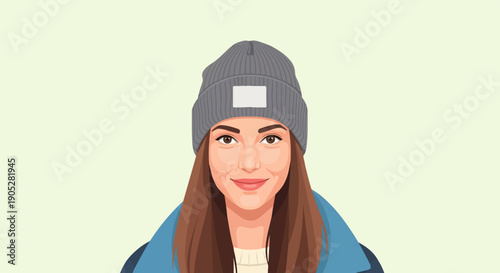 Portrait of a young woman wearing a gray beanie and blue jacket