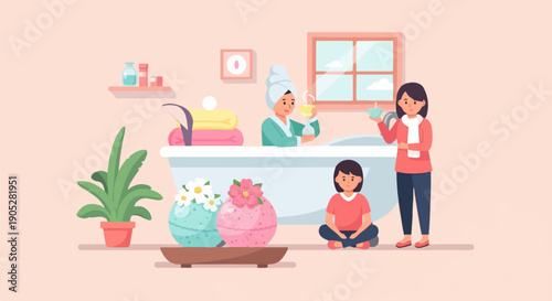 Relaxing spa scene with family enjoying bath time and drinks