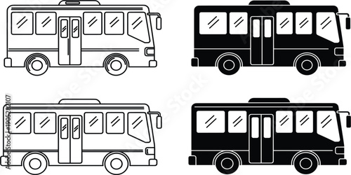 City Bus Line Icon Set with Outline and Solid Styles Showing Public Transportation Vehicles for Urban Transit, Mobility, and Interface Design Use