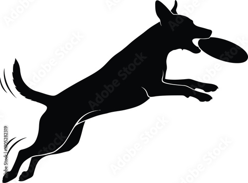 Dog jumping to catch frisbee in mid air action sports scene vector illustration