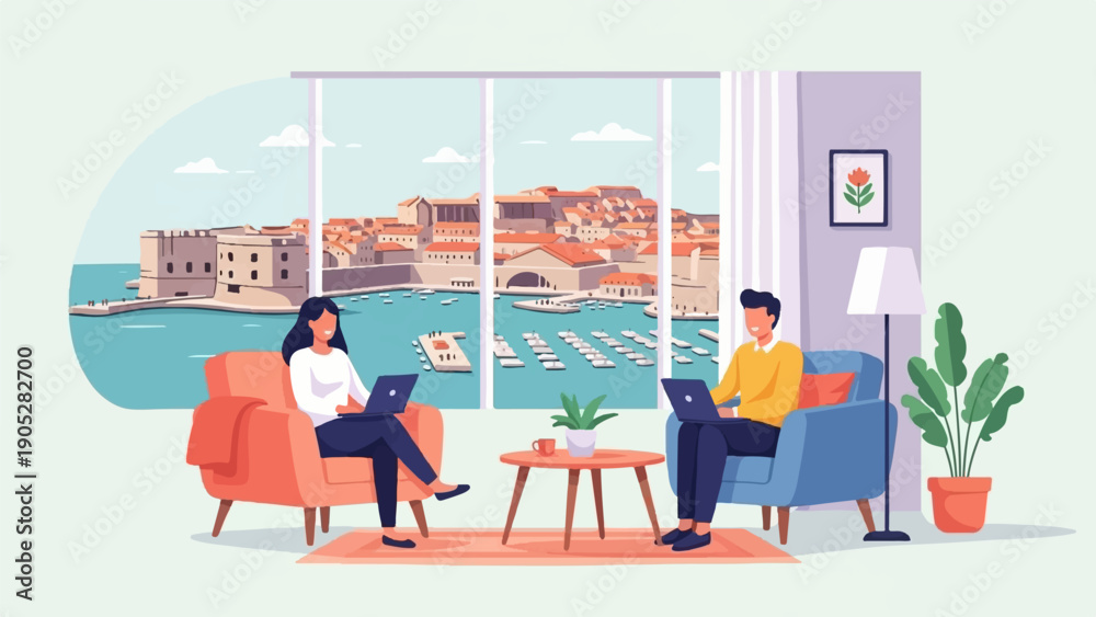 Fototapeta premium Remote work with a scenic view of a coastal city