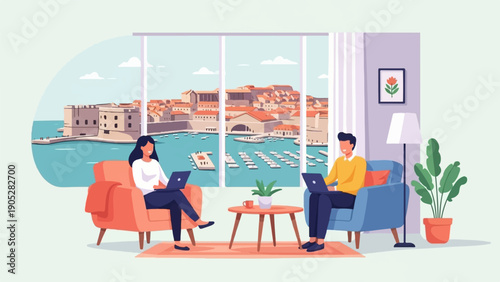 Remote work with a scenic view of a coastal city