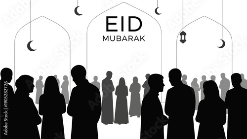 This black silhouette illustration beautifully represents a joyful Muslim community gathering during Eid Mubarak. The design shows multiple people standing together beneath an Eid banner, symbolizing 