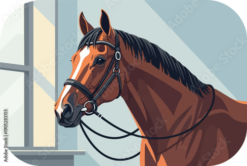 Pixel art of a brown horse with a white blaze, wearing a bridle